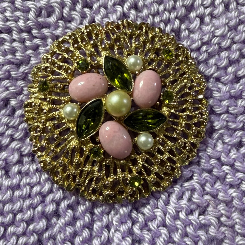 Sarah Coventry Vintage‎ Brooch Pink Green Faux Pearl Gold Tone Statement